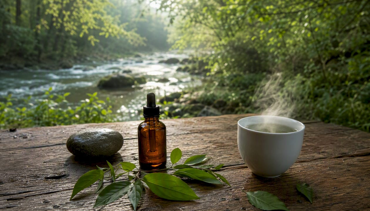 CBD wellness ritual with jar and tea