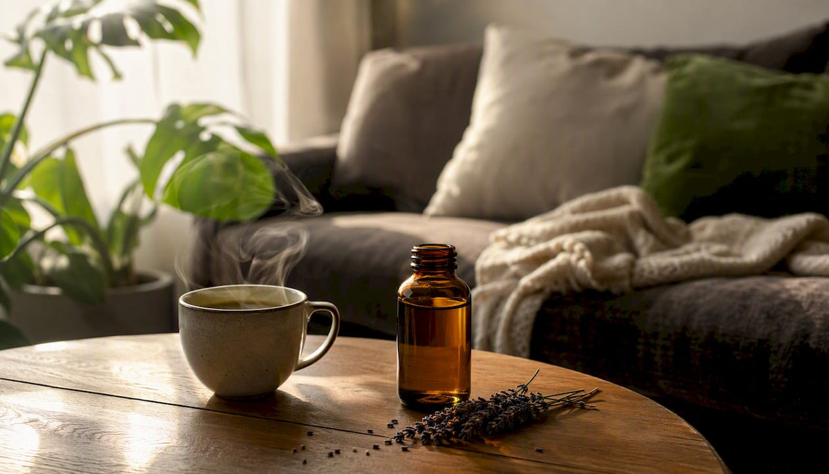 Cozy bedside table with sleep supplement setup