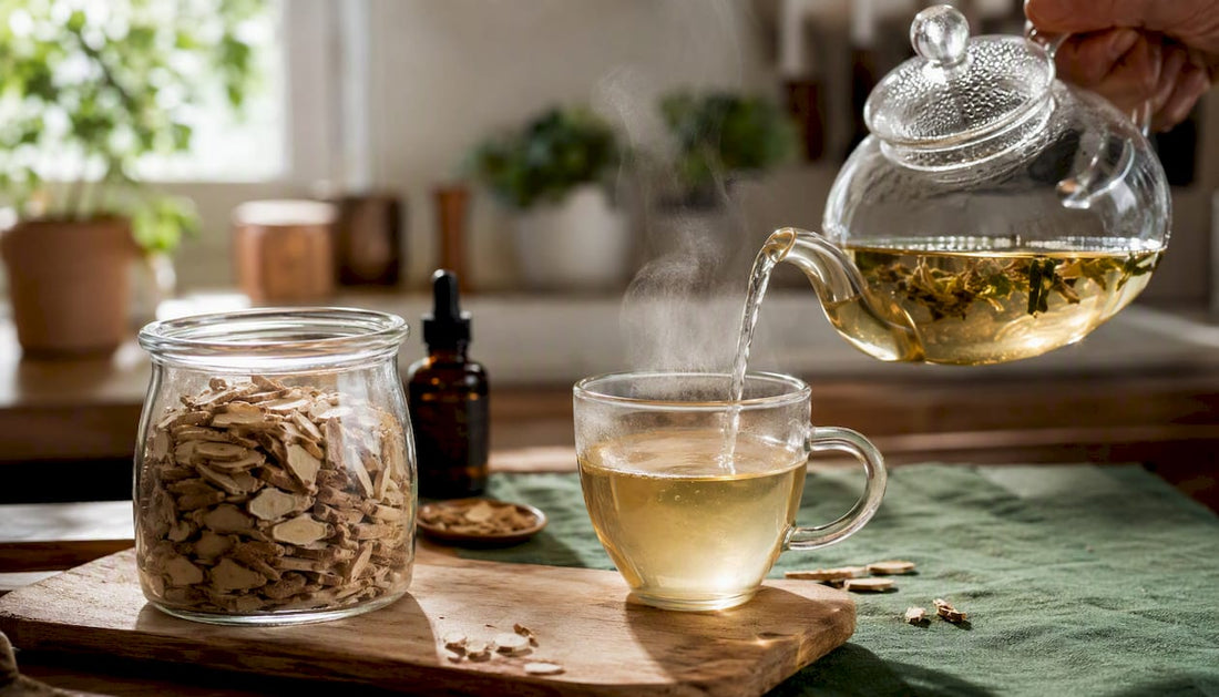 Pouring tea with ashwagandha root and CBD bottle