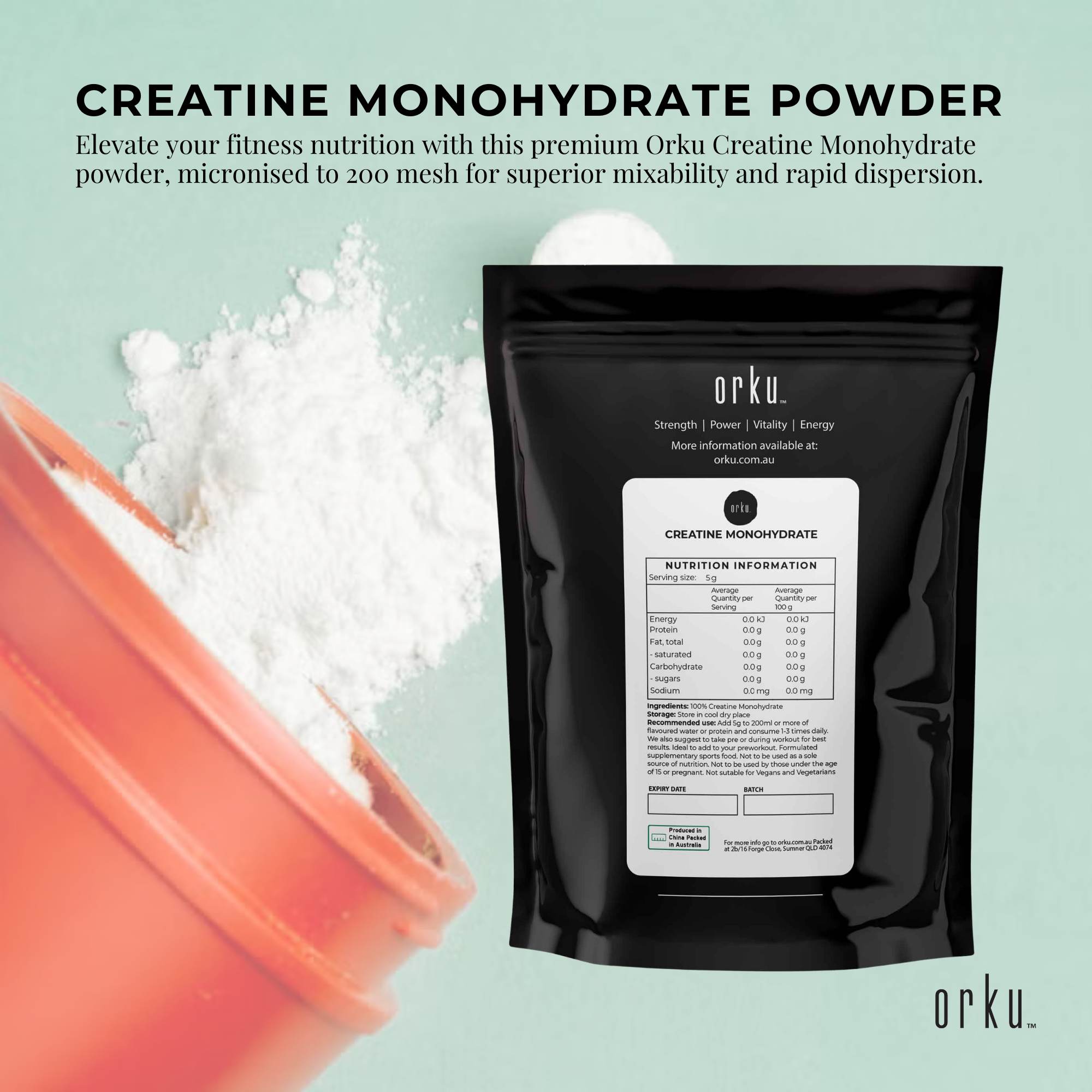 Orku Creatine Monohydrate Powder 200 Mesh Micronised 99.9% Pure